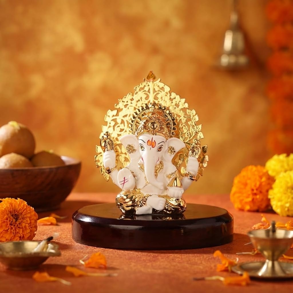 24k Gold Plated Kalpavrikshya Tree Ganesh Idol Ganpati Murti for Car Dashboard, Office Desk, Hindu God Gift & Home Decor - Resin (White)
