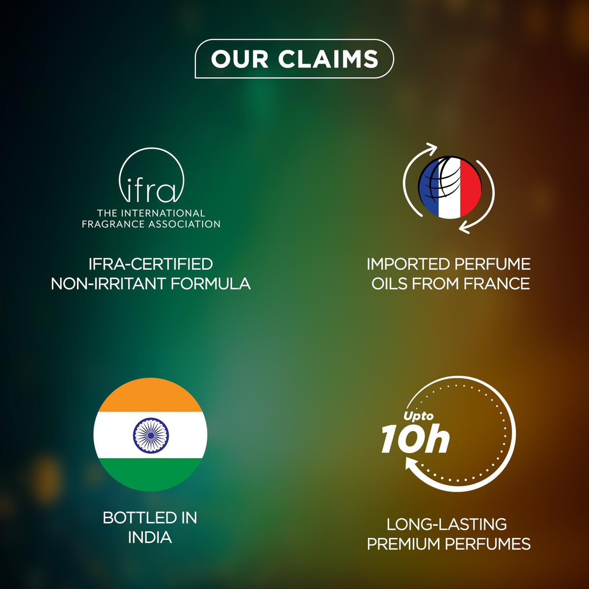 Promotional graphic with claims about perfume quality and origin on a gradient background