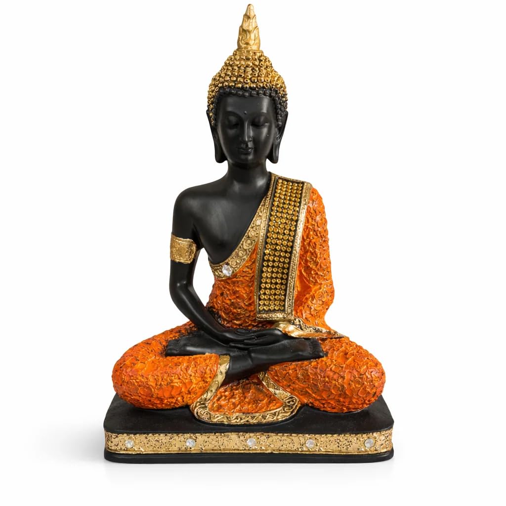 9 Inch Resin Meditating Buddha Statue | Handmade Decorative Idol for Home, Living Room, Office, Temple & Spiritual Decor | Black and Orange Gold Murti for Peace, Vastu & Gifting