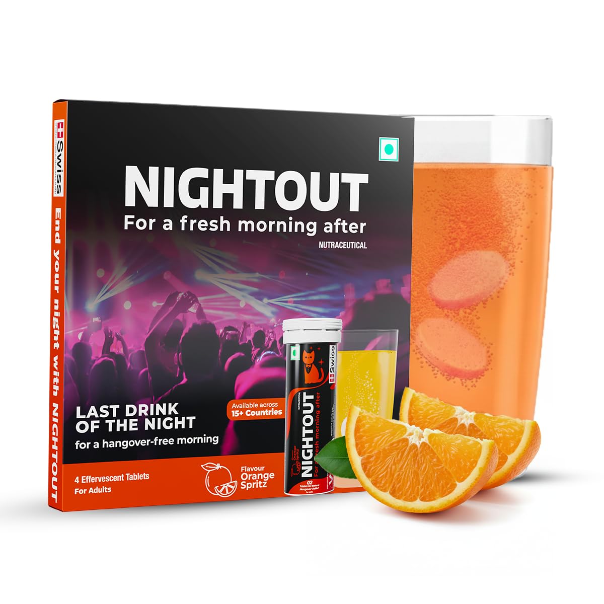 Fast&Up NightOut | 4 Effervescent tabs | Instant Hangover Relief | Helps detoxify liver | Rapid hydration & energy | Helps prevent Hangover | Zero sugar | Orange Flavour