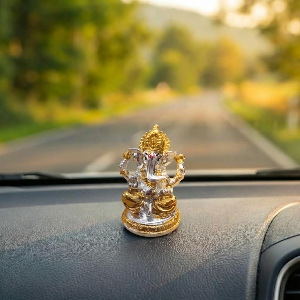Gold Plated Ganesh Idol | Ganpati Murti for Car Dashboard, Office Desk, Hindu God Gift & Home Decor - Resin (Silver - 2.5 in)
