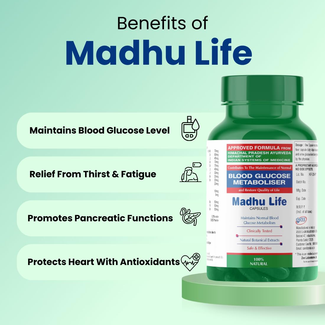 Green bottle labeled 'Madhu Life' with benefits listed on a light green background
