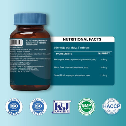 ZEROHARM Back to Teens | Maca Root, Safed Musli, Horny Goat Weed for Energy, Stamina, Endurance & Performance | Nano Formulated Supplement for Men & Women | High Potency 60 Tablets