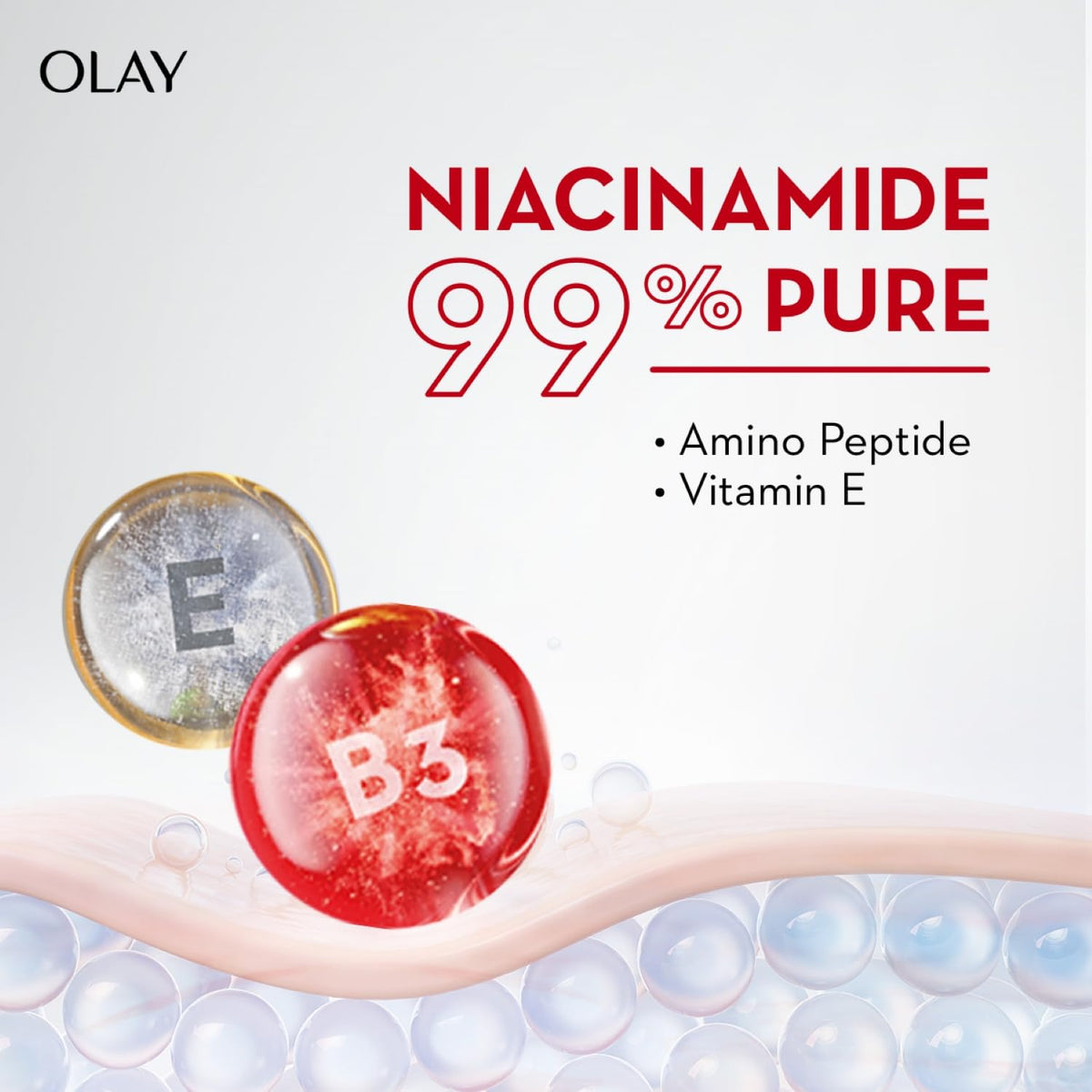 OLAY advertisement featuring niacinamide 99% pure with amino peptide and vitamin E on a white background.