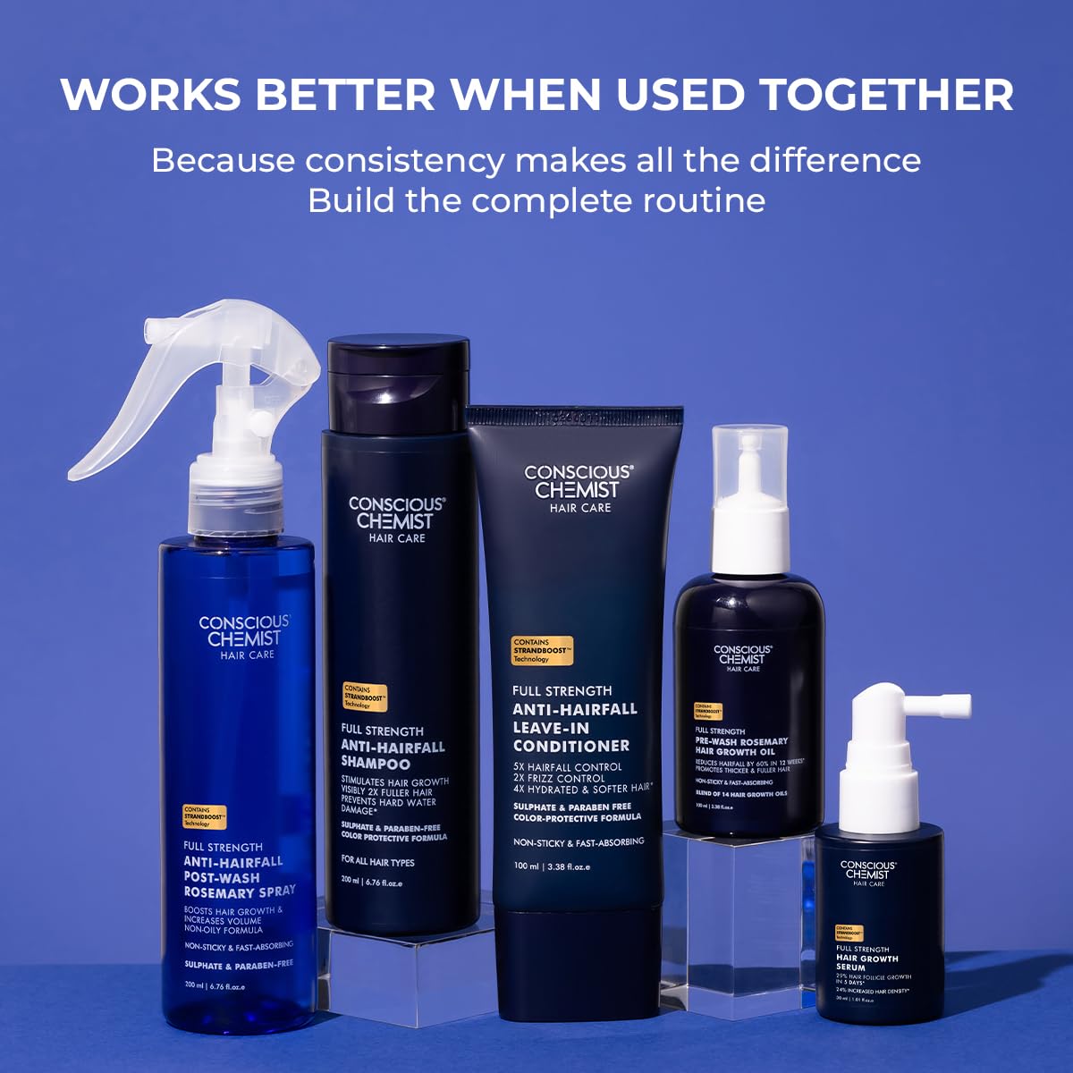 Collection of Conscious Chemist hair care products on a blue background with text about consistency.