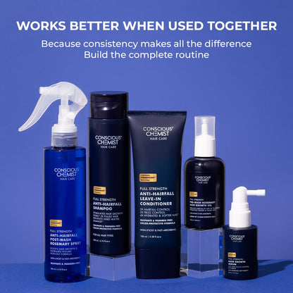 Collection of Conscious Chemist hair care products on a blue background with text about consistency.