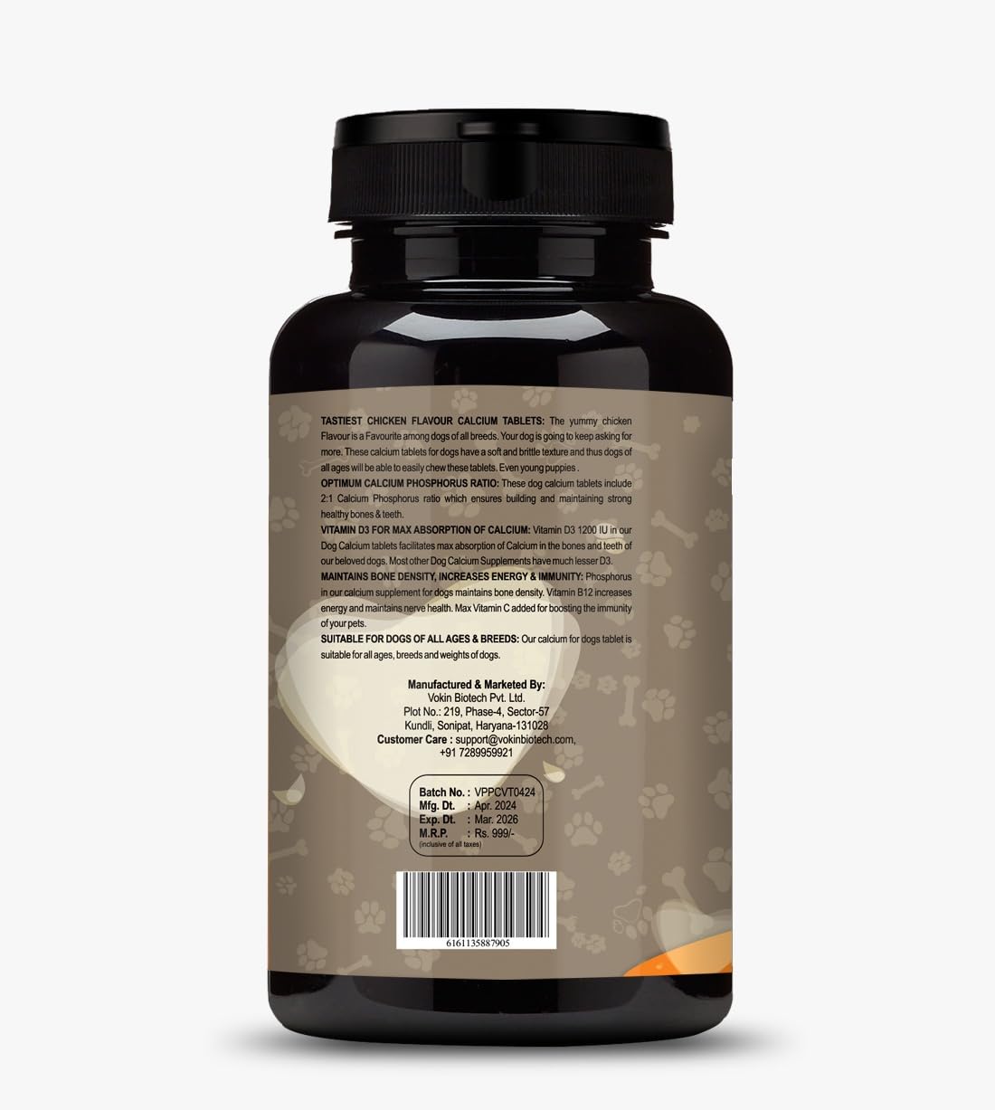 Black supplement bottle with a label on a white background