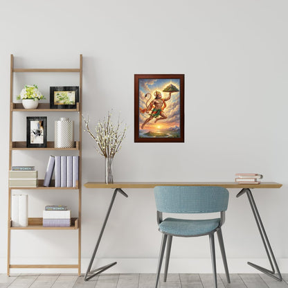 Hanuman Carrying the Sanjeevani Mountain Wall Art | Brown Frame | 10 x 13.5 Inch