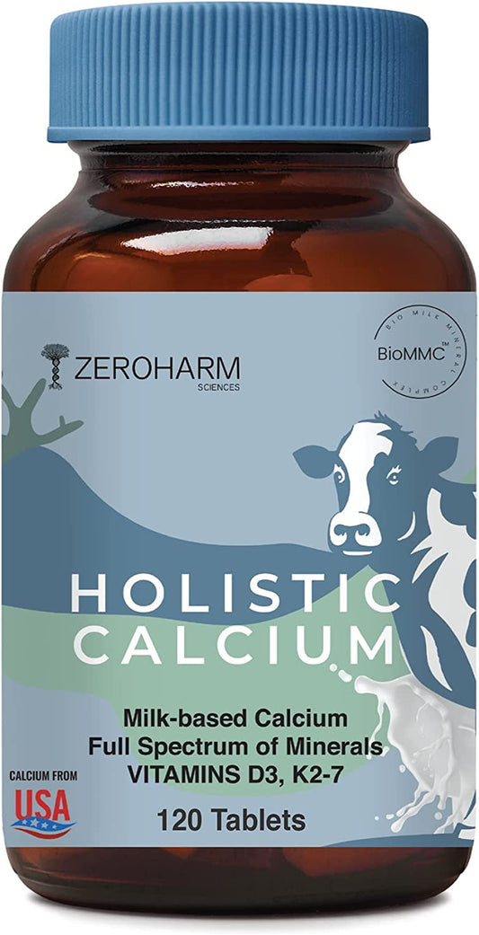 ZEROHARM Holistic Calcium Tablets – High Absorbption Milk-Based Calcium Supplement with Vitamin D3, K2-7, Magnesium, Phosphorous – Supports Bone Strength & Joint Health For Men & Women – 120 Tablets