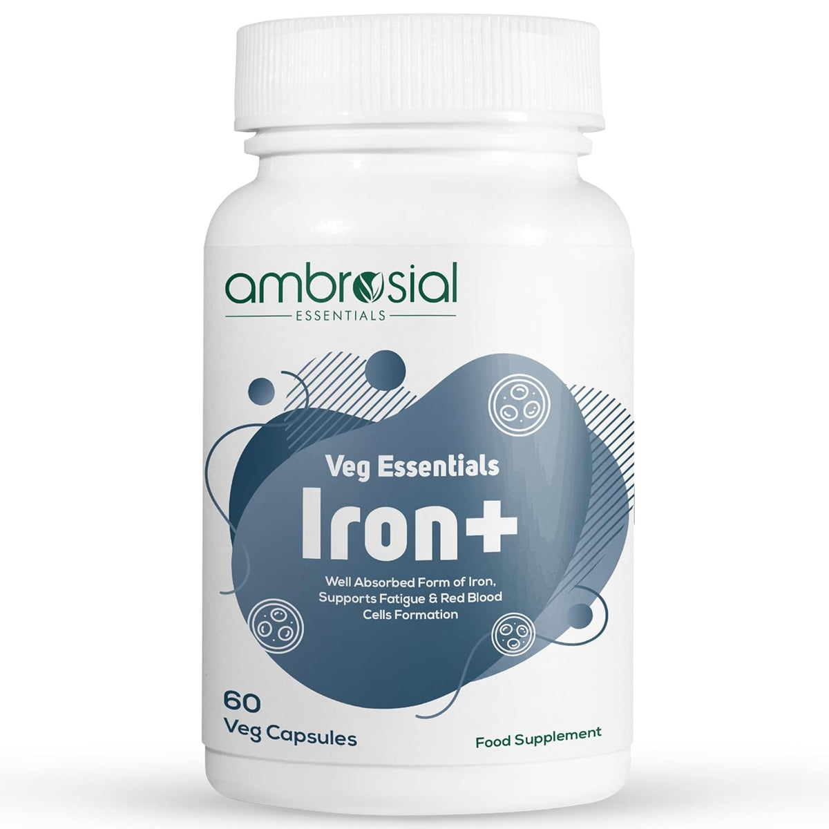 Ambrosial Essentials Iron+ supplement bottle on a white background