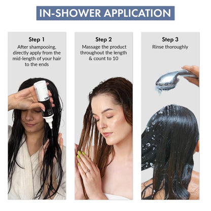 Step-by-step guide on applying hair product in the shower with three images and text.
