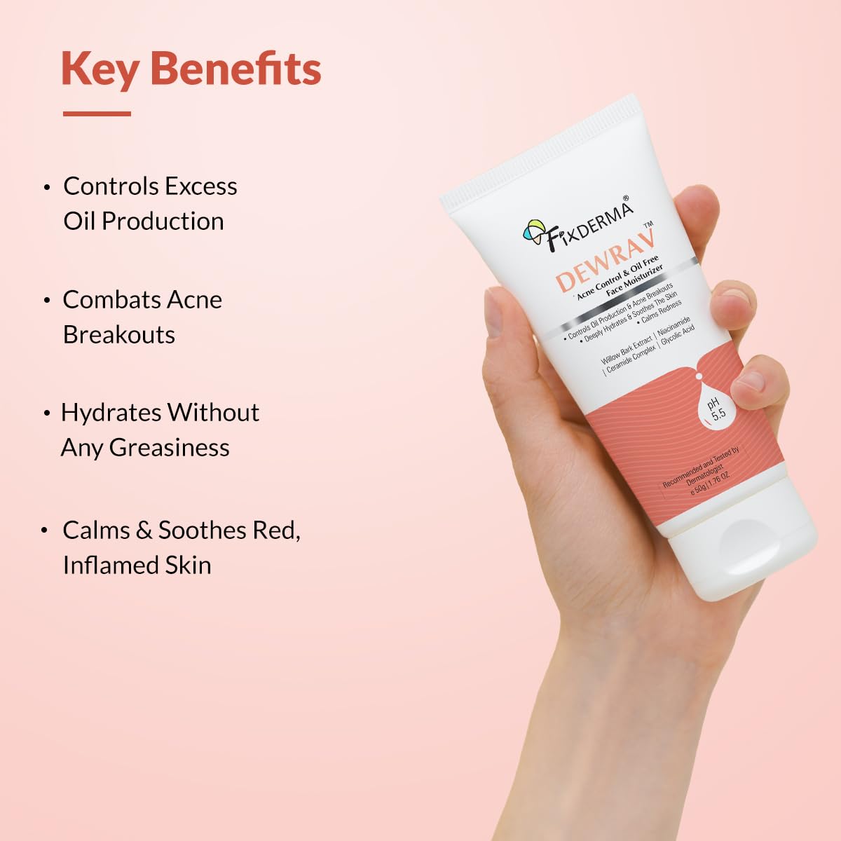 Fixderma Dewrav Acne Control & Oil Free Moisturizer for Face with Glycolic Acid | Niacinamide | Oily Skin | Face Moisturizer for Women & Men - 50 gm