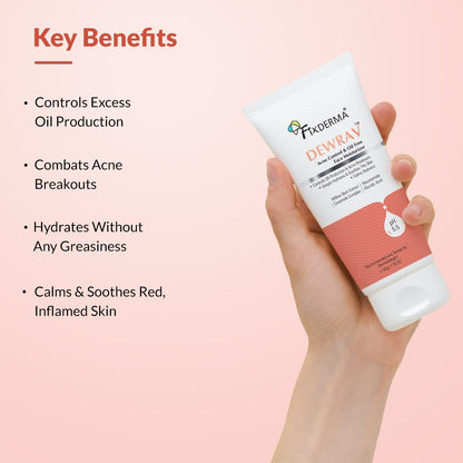 Fixderma Dewrav Acne Control & Oil Free Moisturizer for Face with Glycolic Acid | Niacinamide | Oily Skin | Face Moisturizer for Women & Men - 50 gm