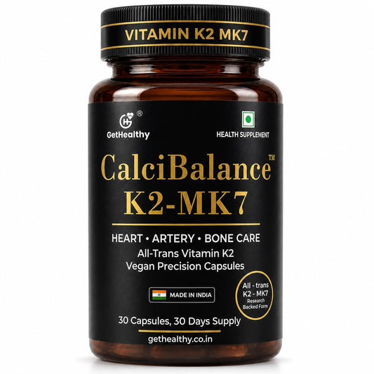 Vitamin K2 MK7 supplement bottle with black and gold label on a white background