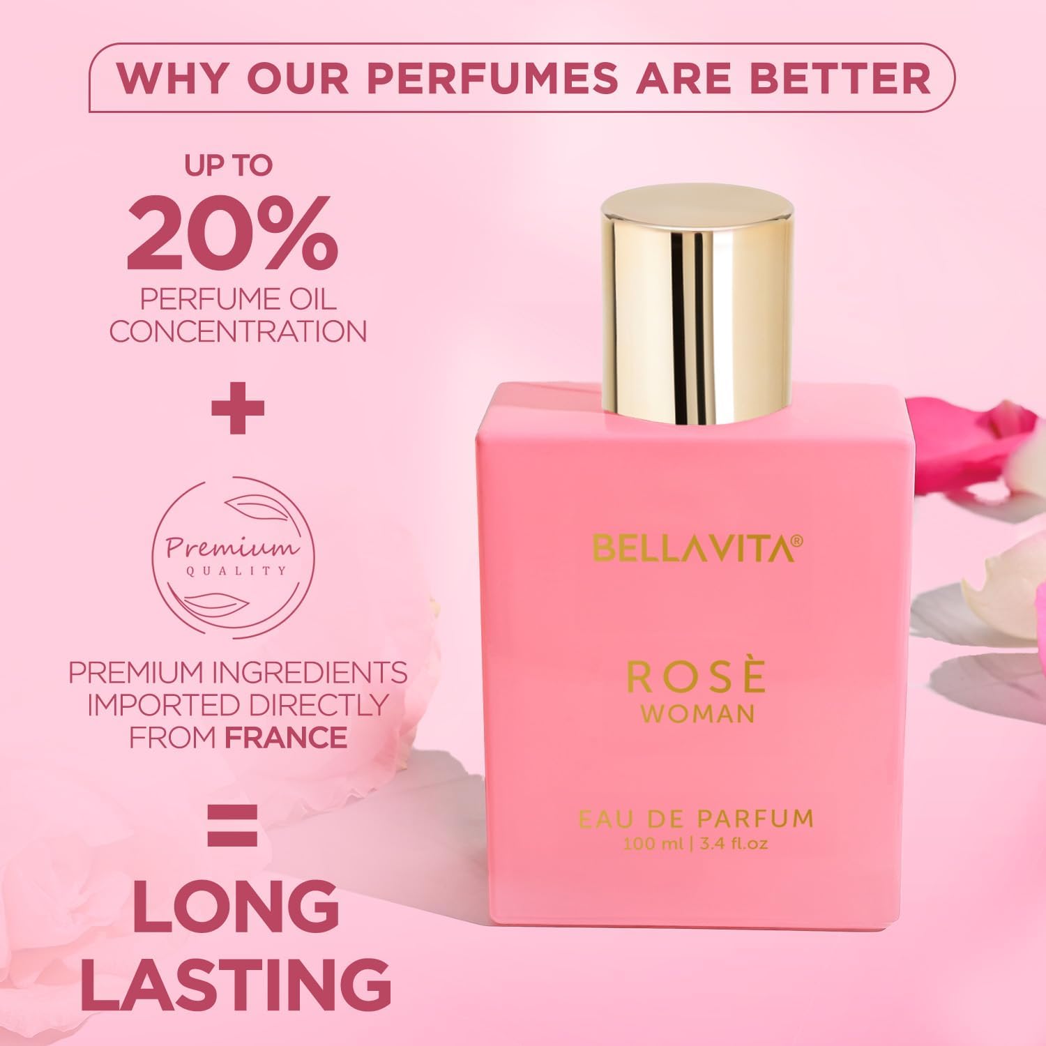 Pink Bellavita Rose Woman Eau de Parfum bottle on a pink background with text about perfume quality.