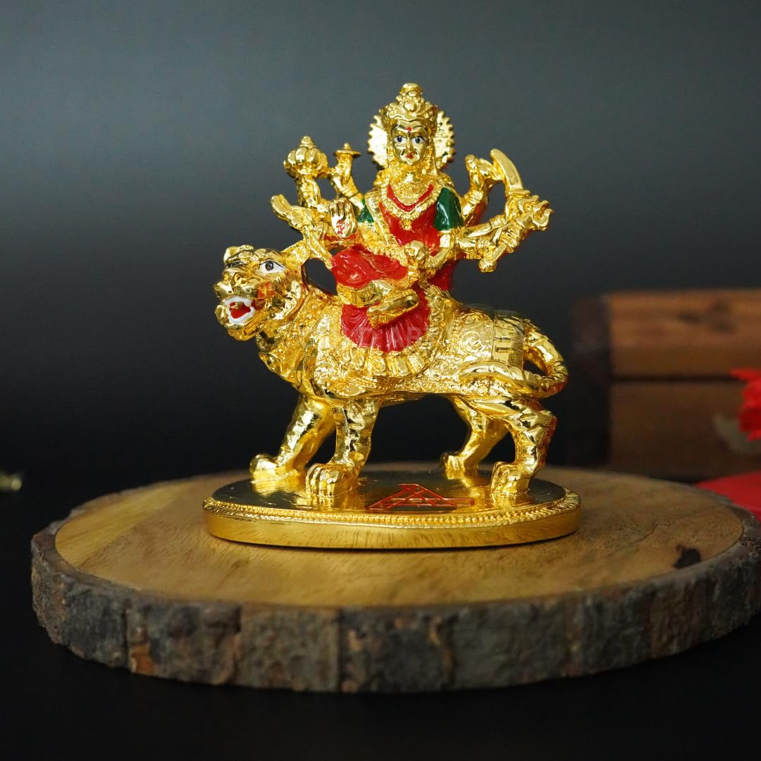 Gold Art India Gold Plated Ambe MATA Idol – 3.8 Inch Goddess Durga Murti with Red & Green Attire on Lion | Poly-Resin Statue for Home Mandir, Office Desk & Festive Gifting