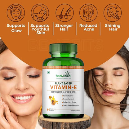 Simply Herbal Plant Based Vitamin E 10mg Capsules for Glowing Skin and Strong Hair | Vitamin E - 60 Capsules
