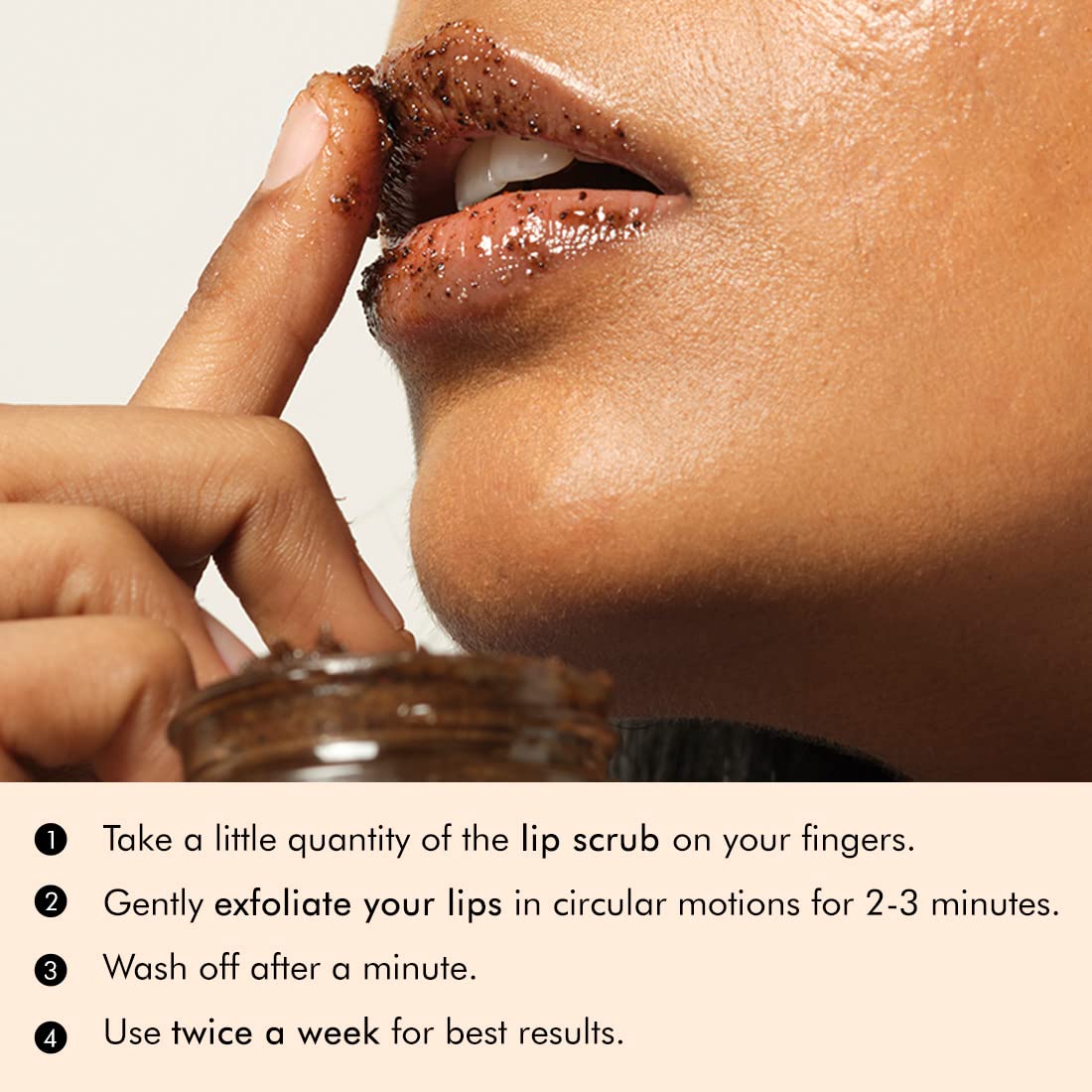 Lip scrub application with text instructions on a neutral background