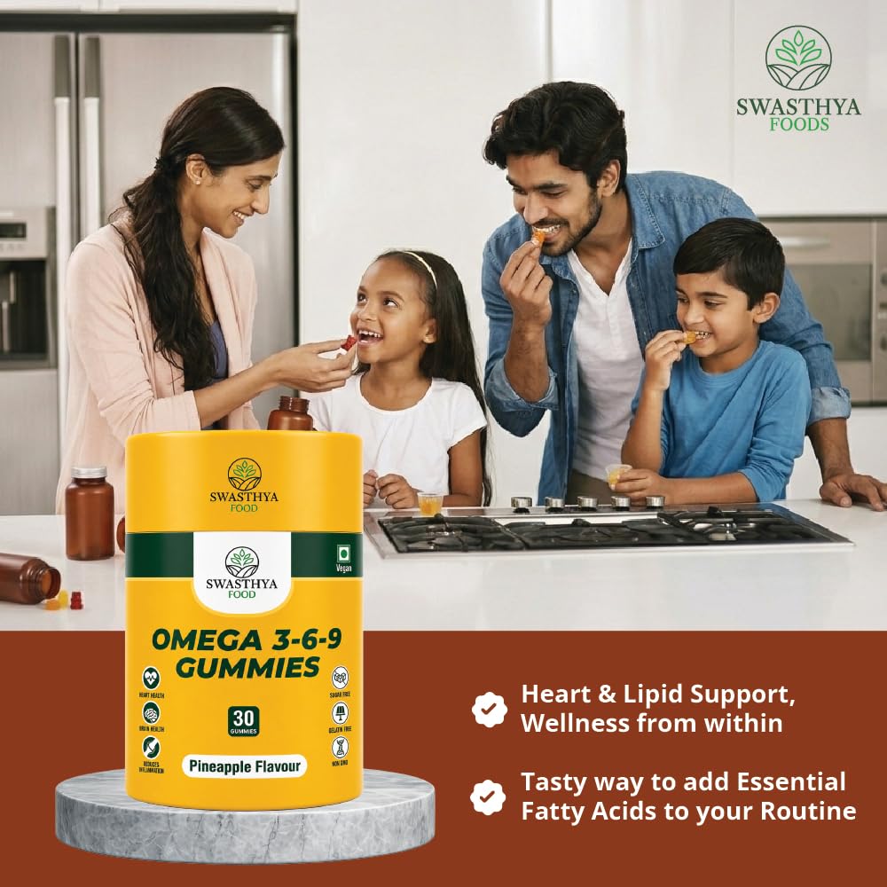 SWASTHYA AATA Omega 3-6-9 Gummies Sugar Free Vegan & Gelatin Free Chewable Flaxseed Oil Supplement For Adults Plant Based Vitality Heart & Brain Daily Nutrition Support Pineapple Flavour