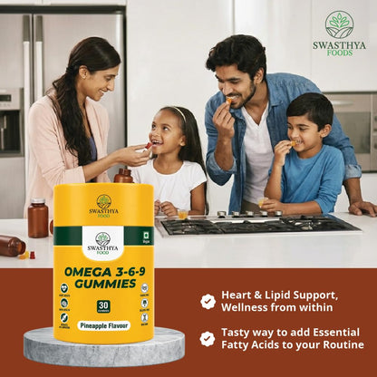 SWASTHYA AATA Omega 3-6-9 Gummies Sugar Free Vegan & Gelatin Free Chewable Flaxseed Oil Supplement For Adults Plant Based Vitality Heart & Brain Daily Nutrition Support Pineapple Flavour