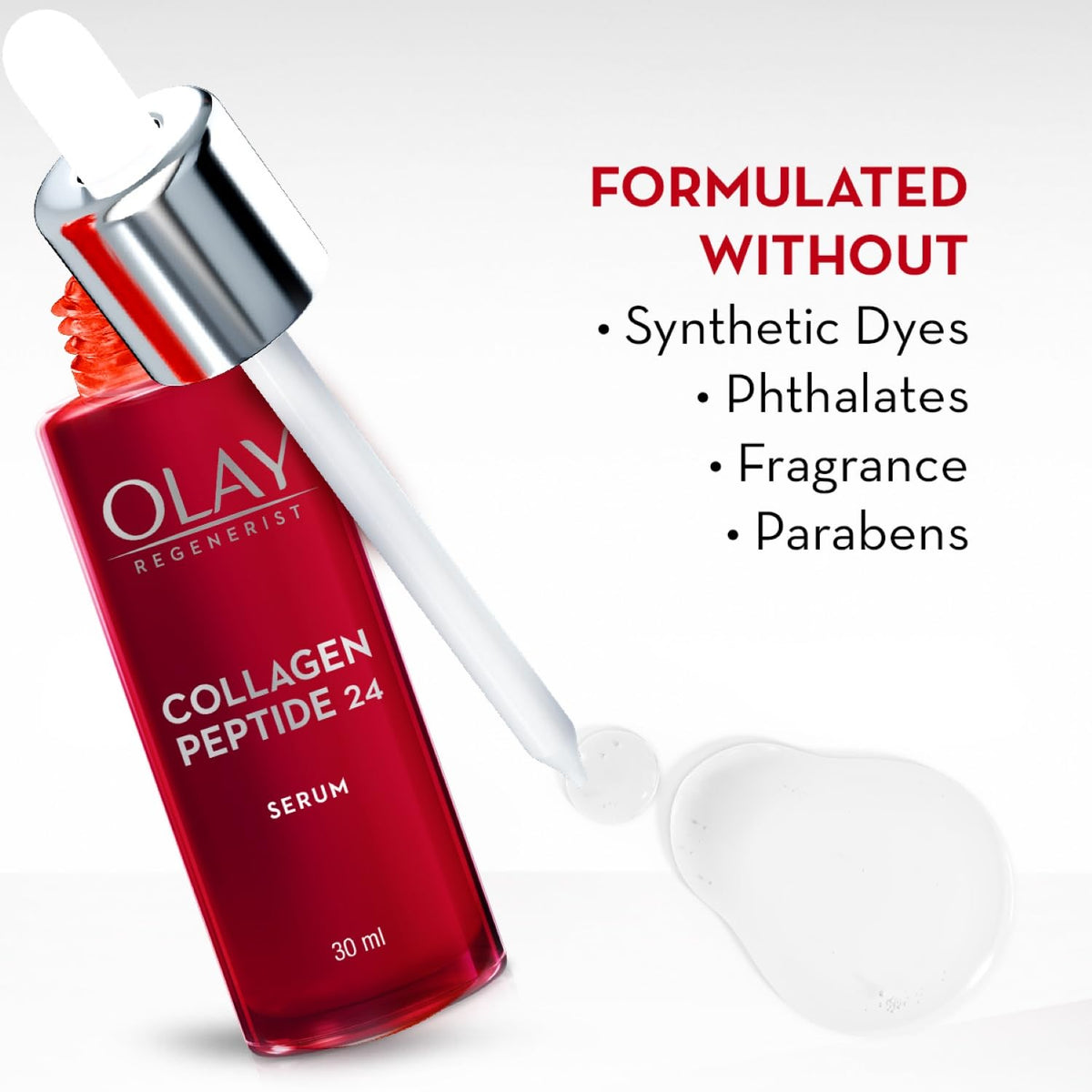 Olay Collagen Peptide 24 Serum bottle with dropper on a light gray background