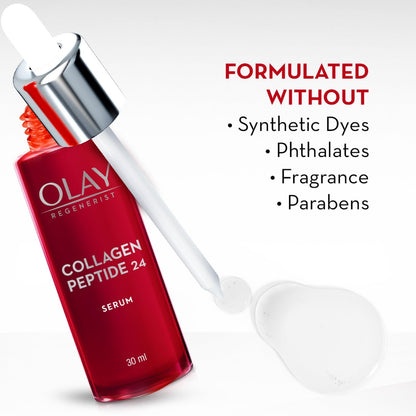 Olay Collagen Peptide 24 Serum bottle with dropper on a light gray background