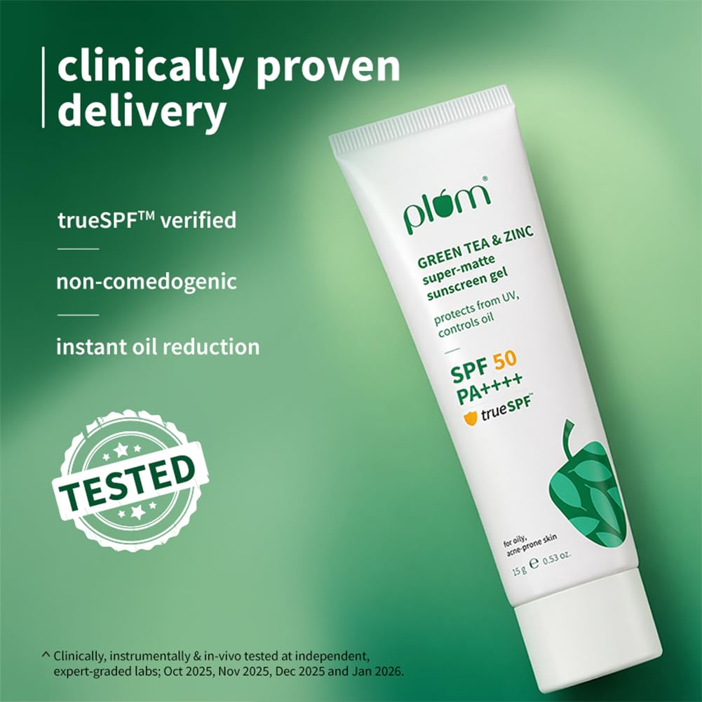 Plum Green Tea & Zinc Super-Matte Gel Sunscreen SPF 50 PA ++++ | Formulated for Oily, Combination and Acne Prone Skin | Protects & Controls Oil | Lightweight, No White Cast & Non-Sticky | Vegan | 15g