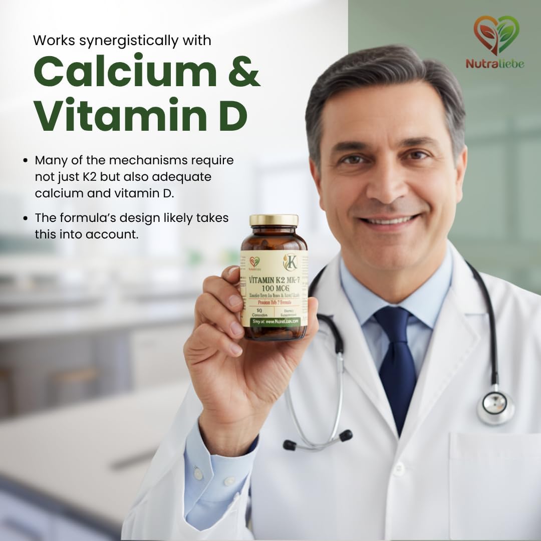 Nutraliebe Vitamin K2 (as MK-7 Menaquinone-7) – High Bioavailability Formula for Bone Strength, Calcium Absorption & Heart Health | Supports Arterial Flexibility | 90 Veg Capsules | Non-GMO & Gluten-Free