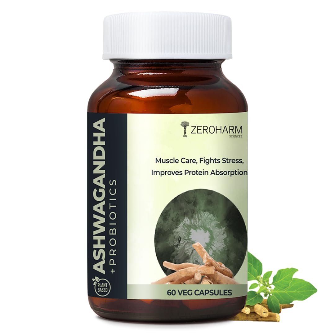ZEROHARM Ashwagandha Probiotic Supplement | Prebiotics for Gut Health, Stress Balance, Muscle Support & Protein Absorption | 100 Billion CFU, Psyllium Husk | For Men & Women | 60 Veg Capsules