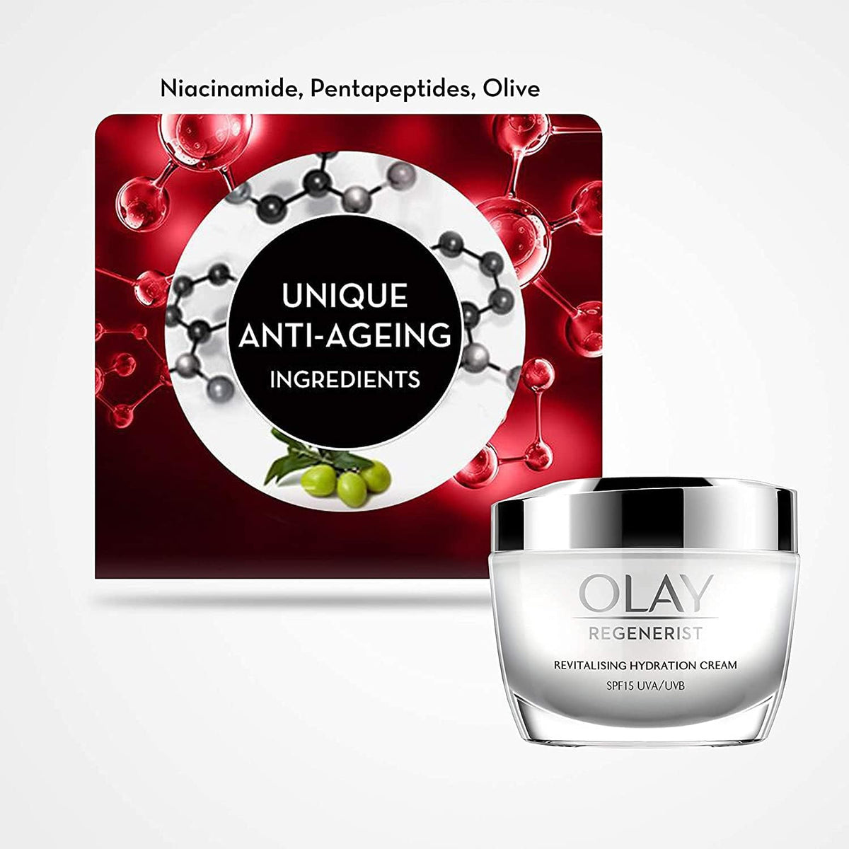 Olay Regenerist cream with packaging highlighting anti-ageing ingredients on a white background