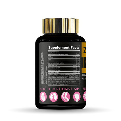 Supplement bottle with gold cap and black label on a white background