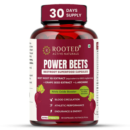 Rooted Actives Power Beets Capsules | Boost Energy, Stamina & Blood Circulation | Nitric Oxide Support | With L-Arginine & Grape Seed | 60 Veg Caps