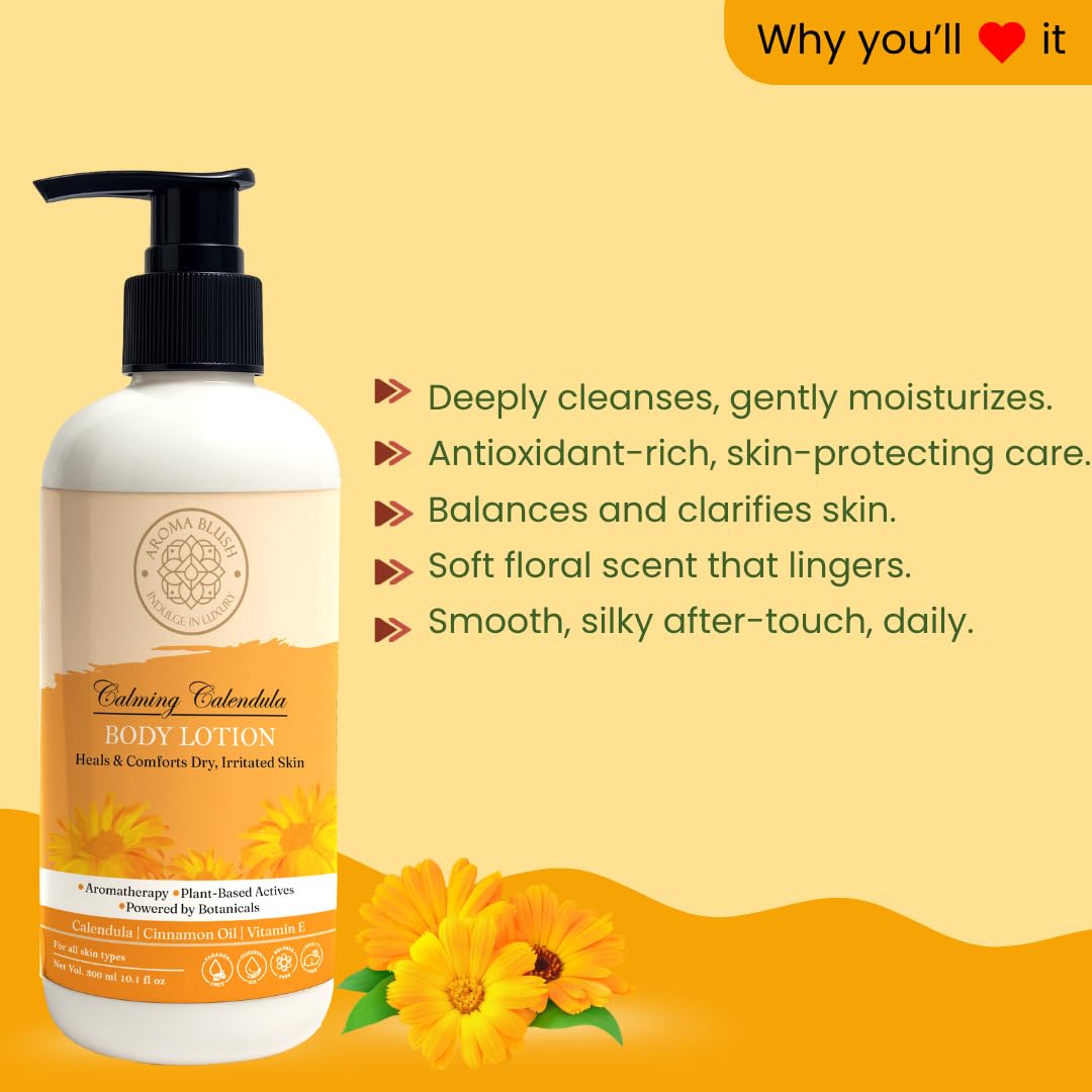 Body lotion bottle with pump on a yellow background, featuring text about its benefits.