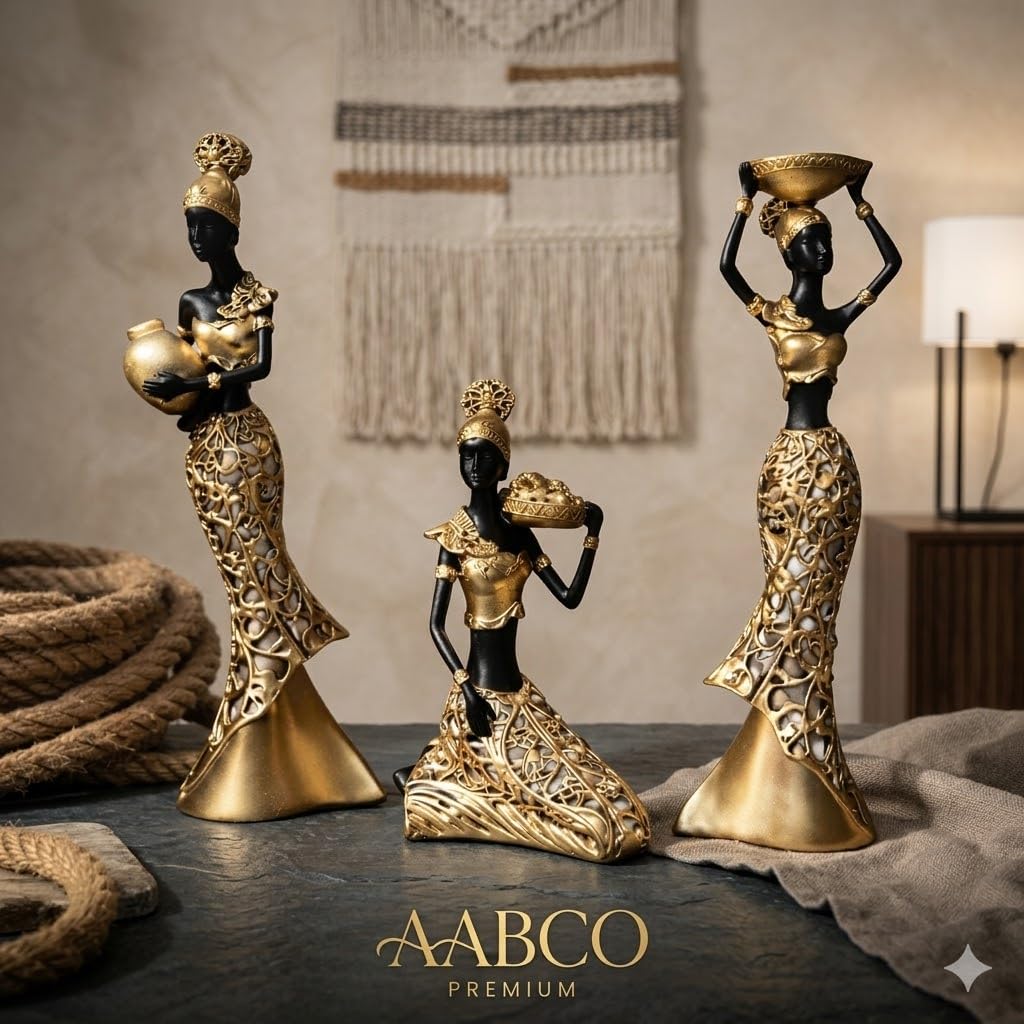 Vibrant Beautiful Finish Uniquely Hand Crafted Home Decor African Tribal Women Art Piece (African Lady Working Set of 3)