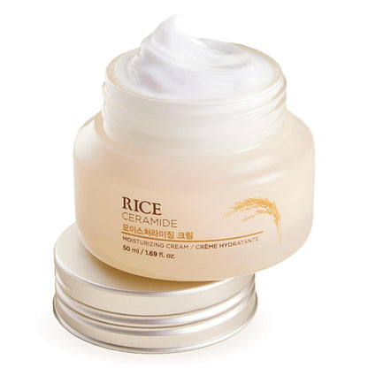 Jar of rice ceramide moisturizing cream on a white background