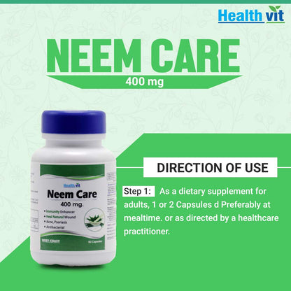 Health vit Neem Care supplement bottle with directions on a green background