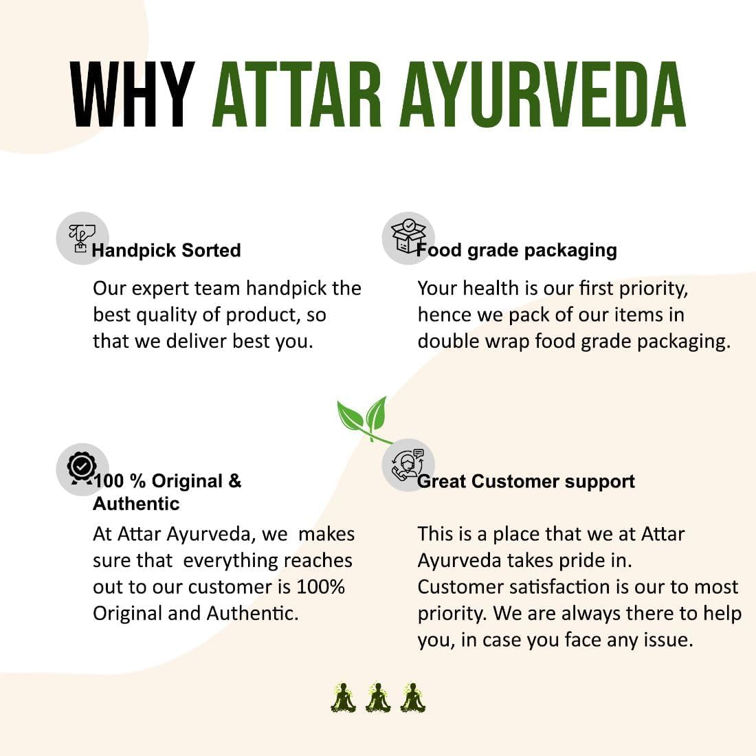 Promotional graphic for Attar Ayurveda highlighting product quality, packaging, authenticity, and customer support.