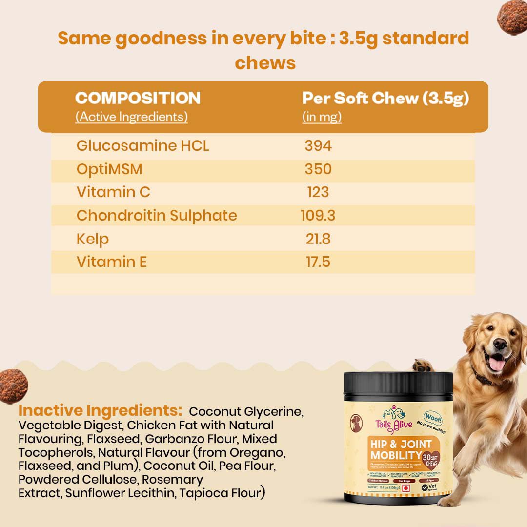 TailsAlive Hip & Joint Soft Chews Supplement for Dogs | Glucosamine, Chondroitin, MSM| for Mobility & Flexibility | Chicken Flavor | 30 Soft Chews