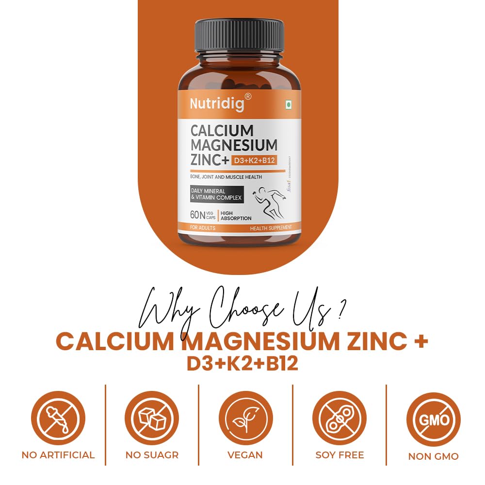 Nutridig Veg Calcium Magnesium Zinc Supplement with Vitamin D3, K2 MK7 & B12 | Daily Bone, Muscle & Mineral Nutrition for Men & Women - 60 Capsules