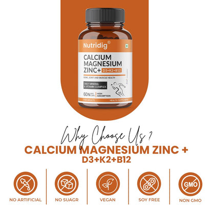 Nutridig Veg Calcium Magnesium Zinc Supplement with Vitamin D3, K2 MK7 & B12 | Daily Bone, Muscle & Mineral Nutrition for Men & Women - 60 Capsules