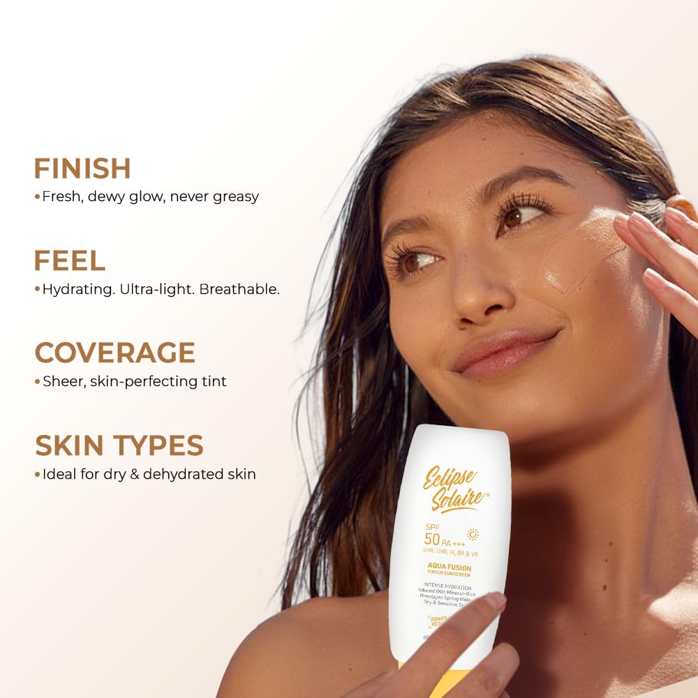 Eclipse Solaire Aqua Fusion Sunscreen SPF50 | 5X Protection with SPF 50 PA+++ | Infused with Himalayan Spring Water | Non-Greasy, For All Skin Types – 60ml