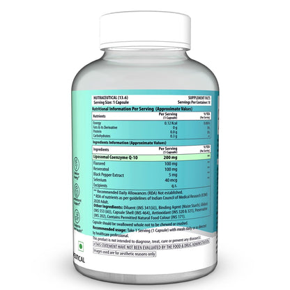 NATURYZ Liposomal CoQ10 200mg with Flaxseed, Resveratrol & Selenium | Advanced Cellular Energy & Antioxidant Formula | Black Pepper for Enhanced Nutrient Absorption | Supports Heart Health, Energy & Healthy Ageing 30 Veg Capsules