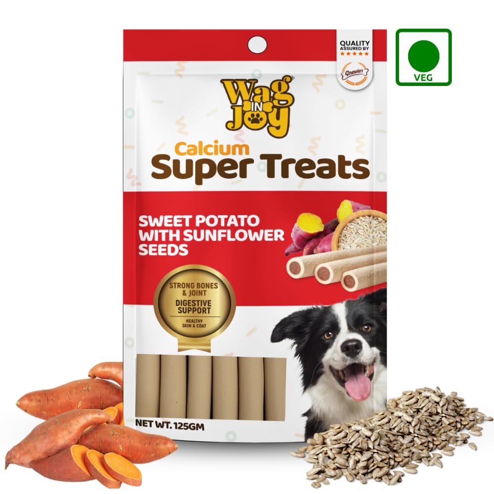 Calcium Super Treats, Sweet Potato with Sunflower Seeds Sticks 125 GMS | 100% Vegetarian Dog Treat| Supports Digestive Health | Strong Bones and Joint| with Omega 3|Young