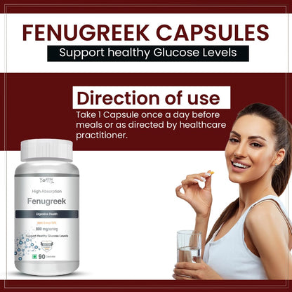 Fenugreek capsules advertisement with a woman taking a pill and a glass of water, set against a red and white background.