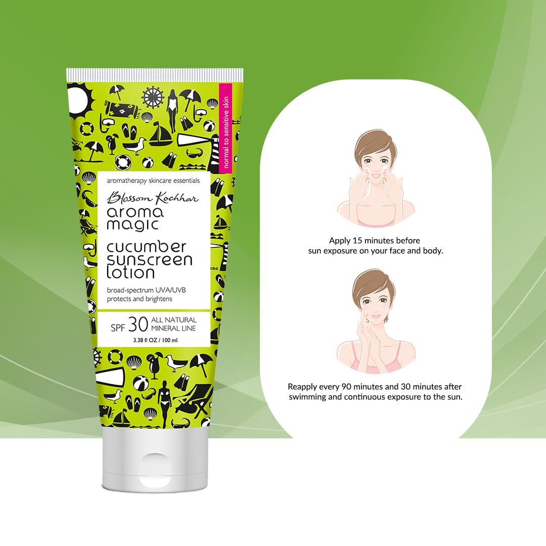 Aroma Magic Cucumber SPF 30 Sunscreen Lotion 50 ml | for Normal to Sensitive Skin | Non-Nano Zinc Oxide, Wheatgerm & Coconut Oil | Cools, Soothes & Protects | No Parabens or Alcohol | Pack of 1