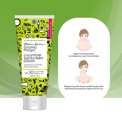 Aroma Magic Cucumber SPF 30 Sunscreen Lotion 50 ml | for Normal to Sensitive Skin | Non-Nano Zinc Oxide, Wheatgerm & Coconut Oil | Cools, Soothes & Protects | No Parabens or Alcohol | Pack of 1