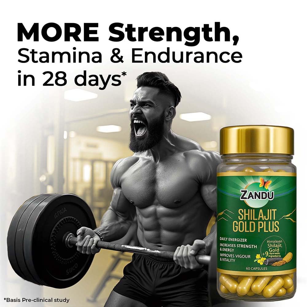 Man lifting weights with Zandu Shilajit Gold Plus supplement bottle in foreground