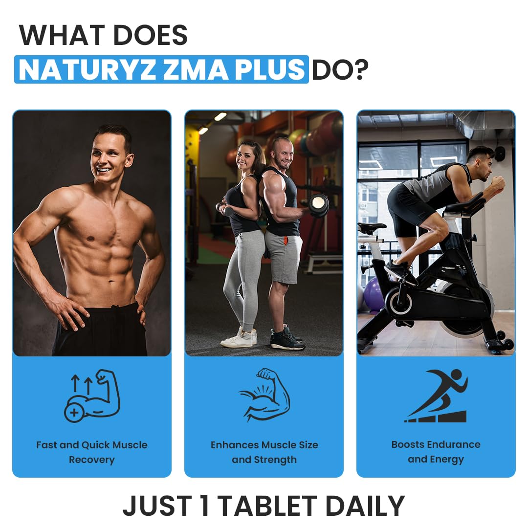 Advertisement for NaturaZ ZMA Plus showing a man in a gym with text about product benefits.