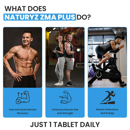 Advertisement for NaturaZ ZMA Plus showing a man in a gym with text about product benefits.
