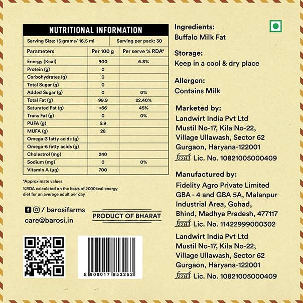 Barosi Premium Buffalo Ghee | Vedic Bilona Method | Churned From Curd | Pure & Natural | Farm Made In Small Batches | Glass Jar Packing